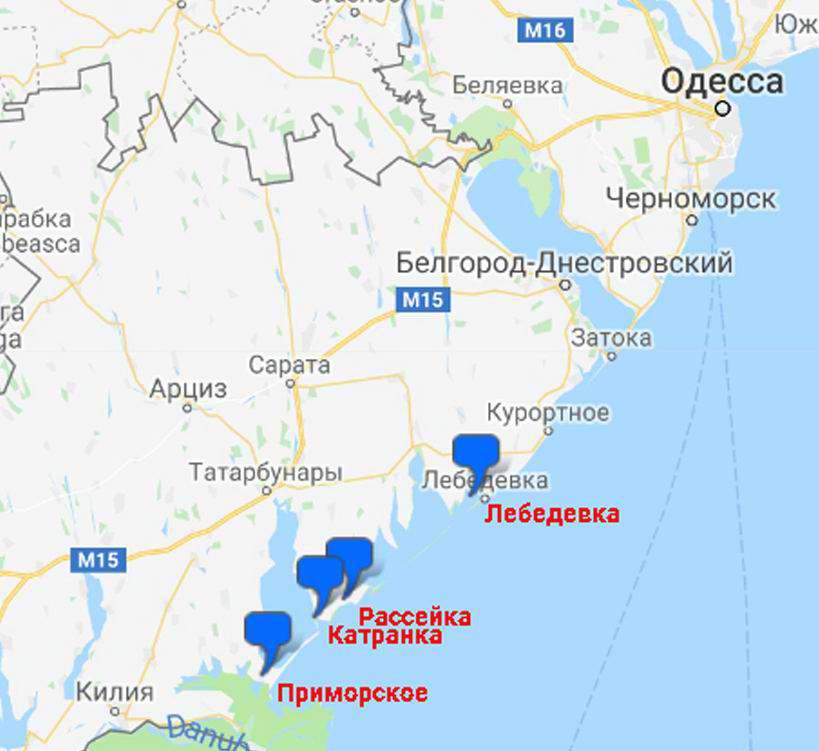 Карта расположения курортов Лебедевка, Рассейка, Катранка, Приморское.